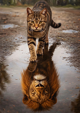 Cat Lion Reflection Art Poster