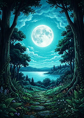 Moonlit Forest Night Cyan Art