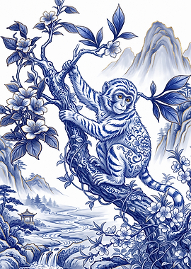 Blue and White Porcelain Monkey Illustration