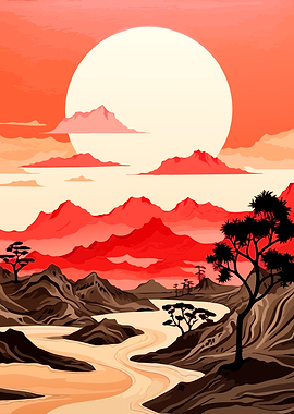 Red Sunset Mountain Landscape Illustration