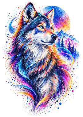 Vibrant Stippled Wolf Portrait