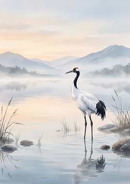 Red-Crowned Crane on a Misty Lake