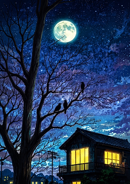 Moonlit Night Crows Anime Poster