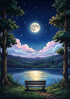 Moonlit Nightscape Lake Landscape