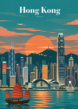 Hong Kong Skyline Sunset Travel Poster