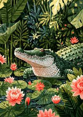 Alligator in a Lush Water Lily Pond