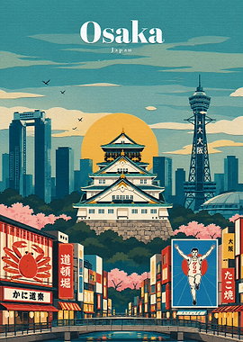 Osaka Japan Travel Poster Illustration
