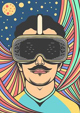 Retro Mustache Man in VR Headset