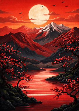 Red Moon Mountain Japanese Art Post
