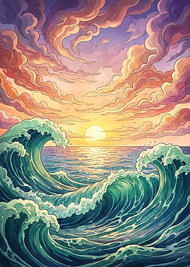 Ocean Waves Sunset Watercolor Poste