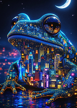 Cyberpunk Frog City Neon Art