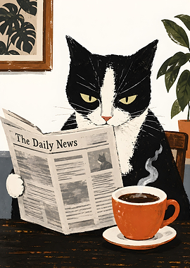 Sophisticated Tuxedo Cat Reading Newspaper