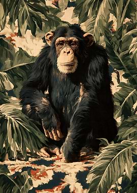 Chimpanzee Portrait in Tropical Foliage