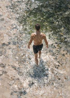Man Wading Into Clear Green Coastal Water