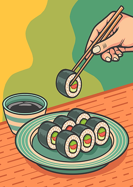 Hand Holding Sushi Roll Illustration