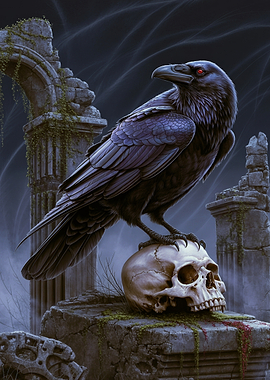 Dark Gothic Raven Perched on a Skull Among Ancient Ruins