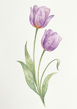 Watercolor Painting of Two Purple Tulips