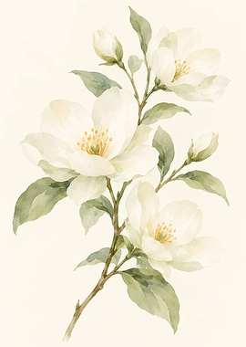 Elegant Watercolor White Magnolia Branch