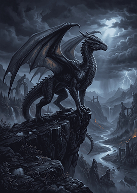 Majestic Black Dragon on Cliff
