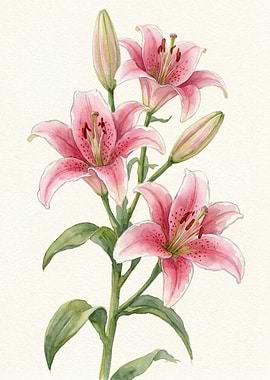 Watercolor Pink Lily Botanical Illustration
