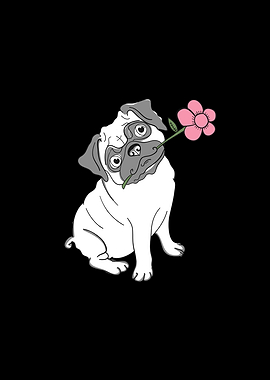 Cute Pug Holding a Pink Flower