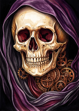 Steampunk Skull in Purple Hood