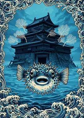Pufferfish Before a Japanese Castle