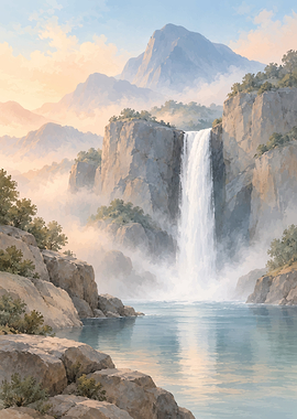 Majestic Waterfall in Misty Mountains