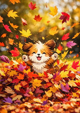 Cute Puppy Autumn Leaves Art Poster