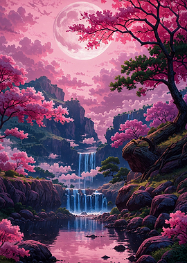 Pink Cherry Blossom Waterfall Landscape Japan