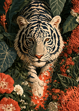 White Tiger in Floral Jungle