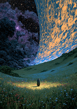 Lone Traveler in Surreal Cosmic Meadow