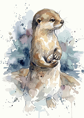 Watercolor Otter Holding a Stone