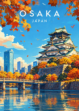 Osaka Castle Autumn Travel Poster