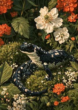 Spotted Salamander in Floral Garden