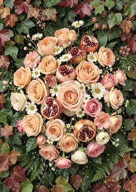 Pomegranates and Garden Roses in Autumn Ivy