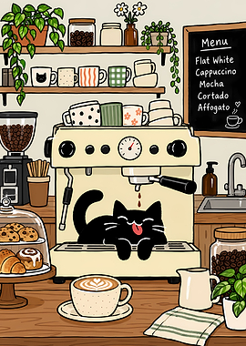 Cute Black Cat Coffee Shop Illustration