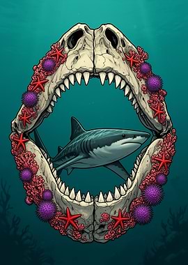 Shark Swimming Through Fossilized Jaws