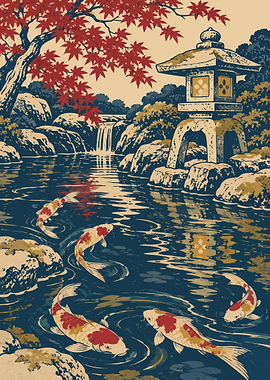 Japanese Koi Pond with Stone Lantern