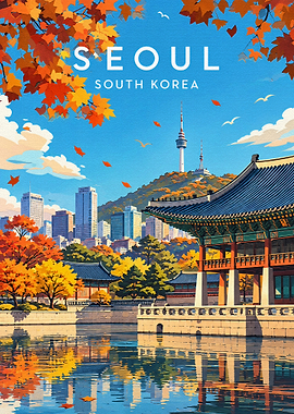 Seoul South Korea Autumn Travel Poster