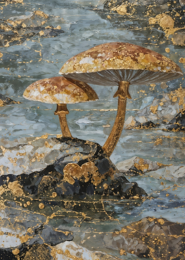 Golden Mushrooms Rising Through Marbled Blue Stone