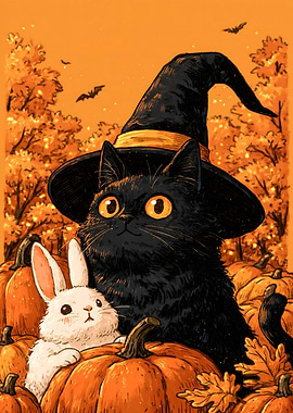 Cozy Spooky Black Cat Witch and Bunny Halloween