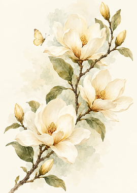 Watercolor Magnolia Branch with Butterfly