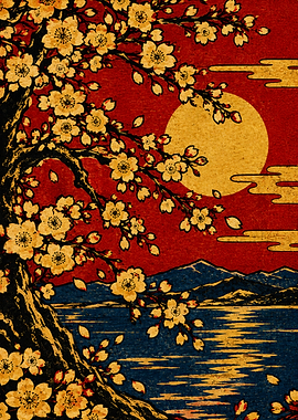 Japanese Cherry Blossom Woodblock Print