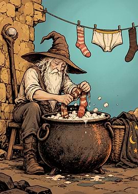 Wizard Doing Laundry in Cauldron