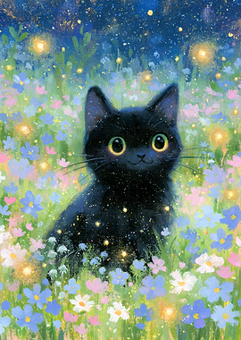 Black Cat in Magical Flower Meadow