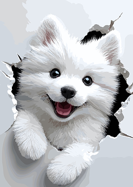 Cute White Puppy Peeking Through Wall