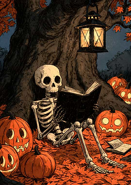 Resting Skeleton Reading Under Autumn Tree