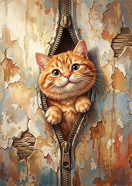 Cute Ginger Cat Peeking Through Zipper