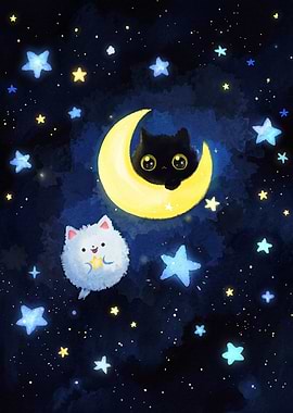 Cute Cats in Starry Night Sky
